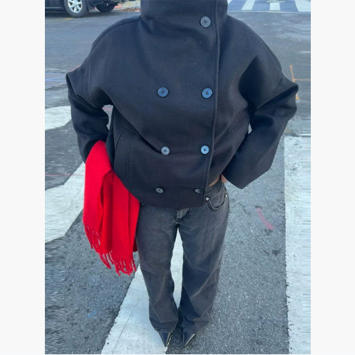 Civara™ Damska Krótka Wełniana Kurtka – Luźny Krój, Stojący Kołnierz