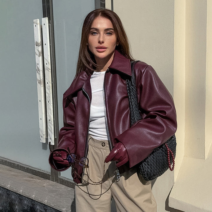 Rovelle™ – damska matowa kurtka motocyklowa w kolorze bordowym  
