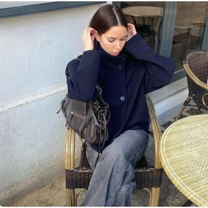 Civara™ Damska Krótka Wełniana Kurtka – Luźny Krój, Stojący Kołnierz