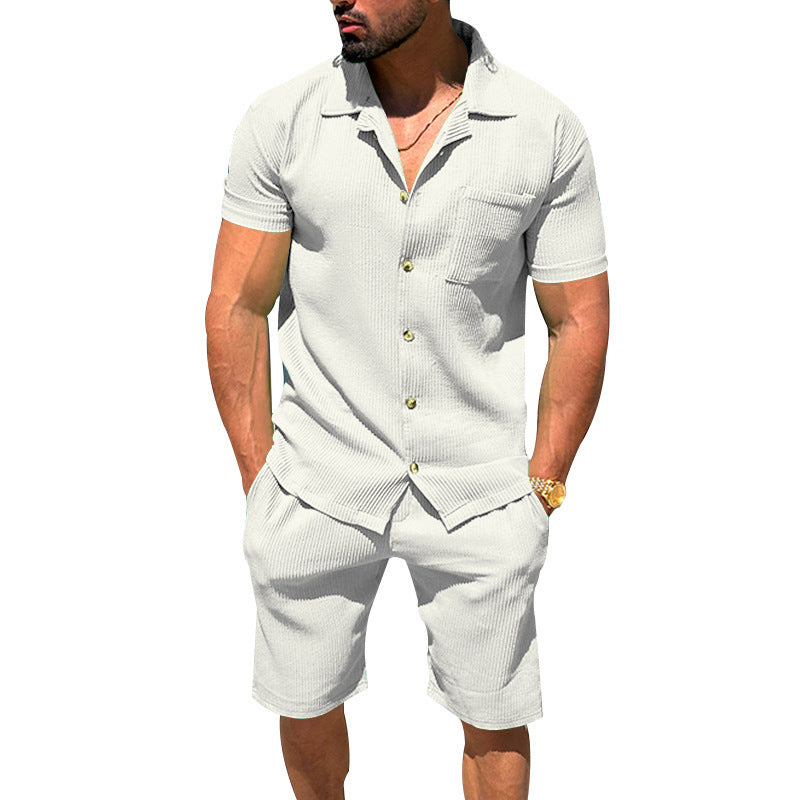 Varenso™ – męski zestaw: koszula w paski z krótkim rękawem i szorty  