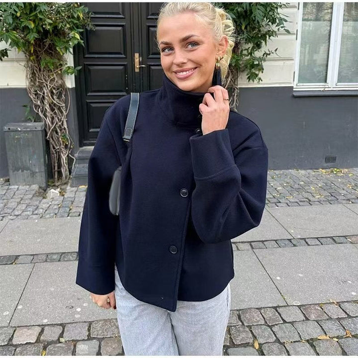 Civara™ Damska Krótka Wełniana Kurtka – Luźny Krój, Stojący Kołnierz