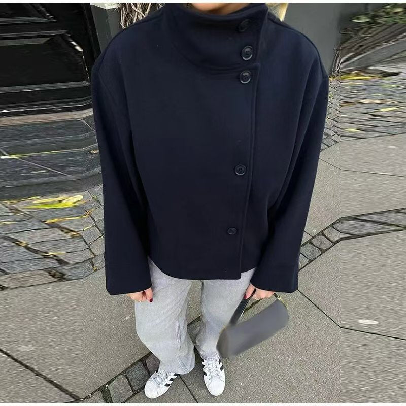 Civara™ Damska Krótka Wełniana Kurtka – Luźny Krój, Stojący Kołnierz