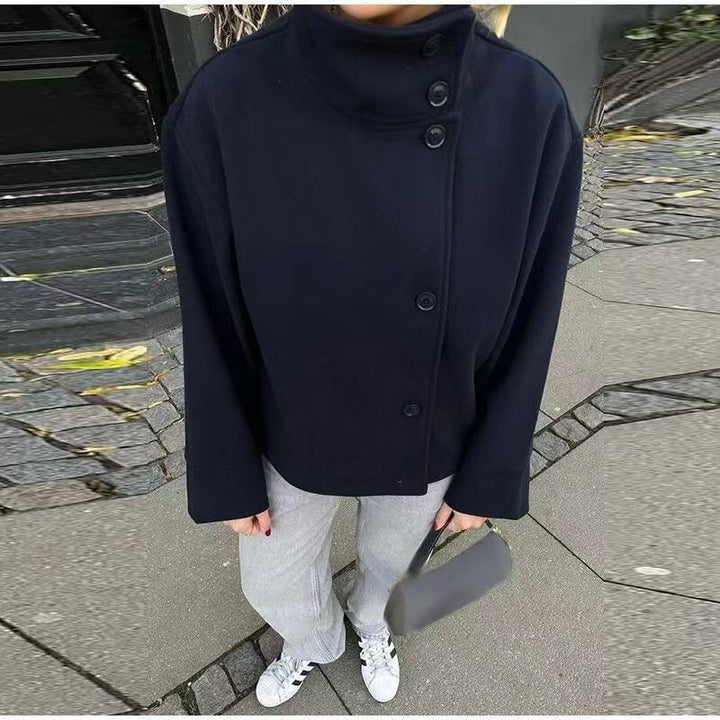 Civara™ Damska Krótka Wełniana Kurtka – Luźny Krój, Stojący Kołnierz