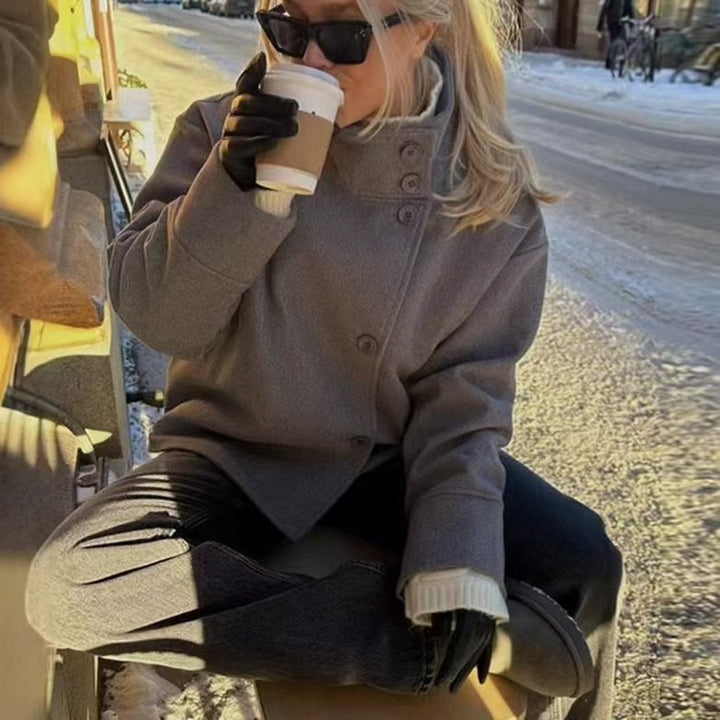 Civara™ Damska Krótka Wełniana Kurtka – Luźny Krój, Stojący Kołnierz