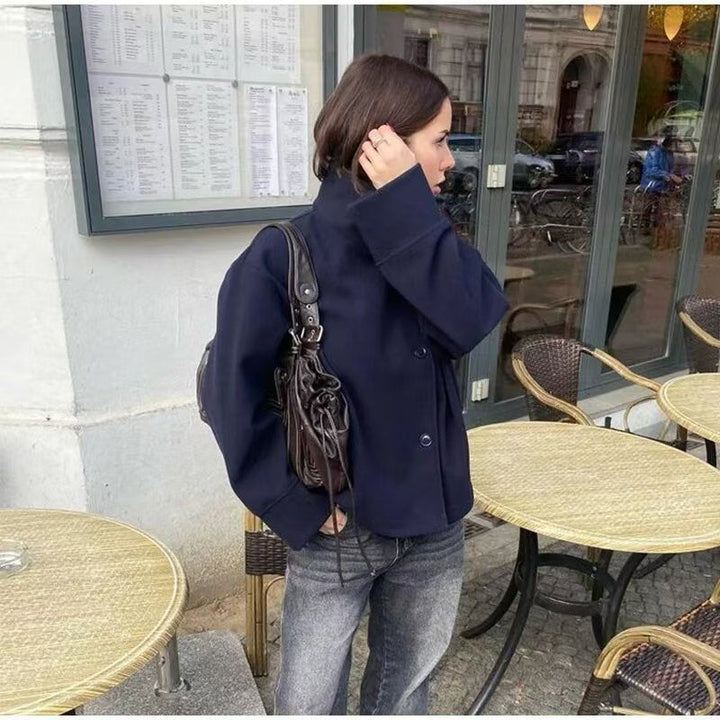 Civara™ Damska Krótka Wełniana Kurtka – Luźny Krój, Stojący Kołnierz