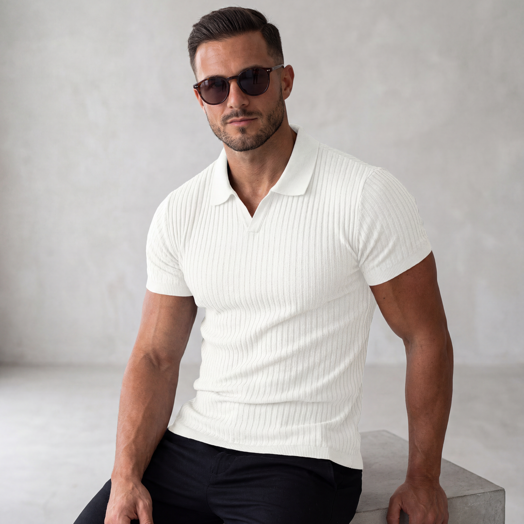 LineaVero™ – Męskie prążkowane polo z dekoltem w serek