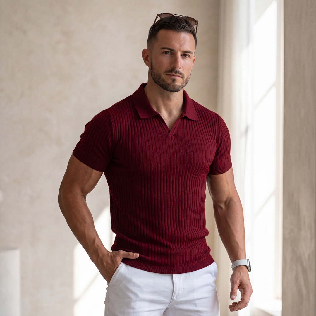 LineaVero™ – Męskie prążkowane polo z dekoltem w serek