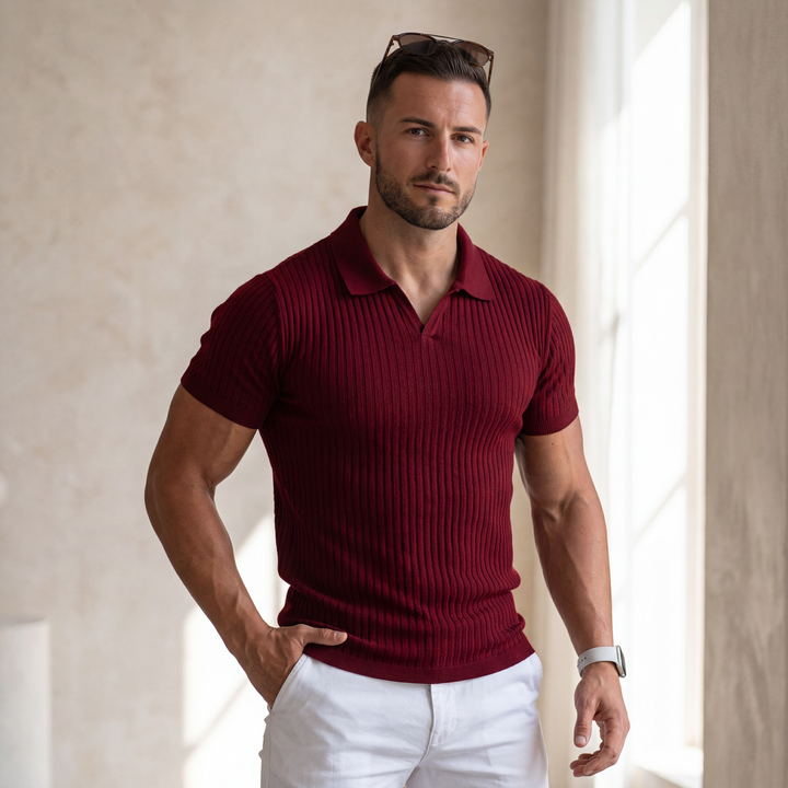 LineaVero™ – Męskie prążkowane polo z dekoltem w serek