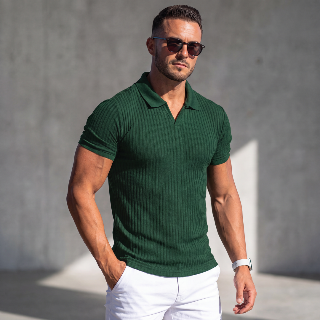 LineaVero™ – Męskie prążkowane polo z dekoltem w serek