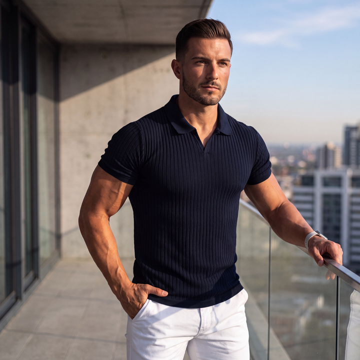 LineaVero™ – Męskie prążkowane polo z dekoltem w serek