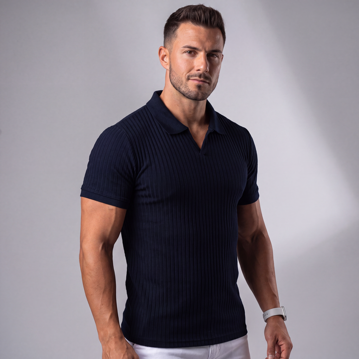 LineaVero™ – Męskie prążkowane polo z dekoltem w serek