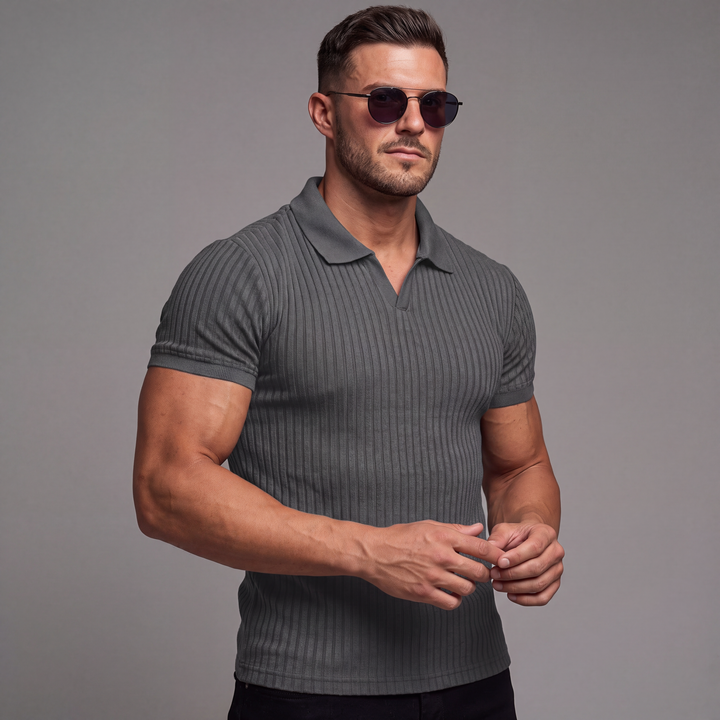 LineaVero™ – Męskie prążkowane polo z dekoltem w serek